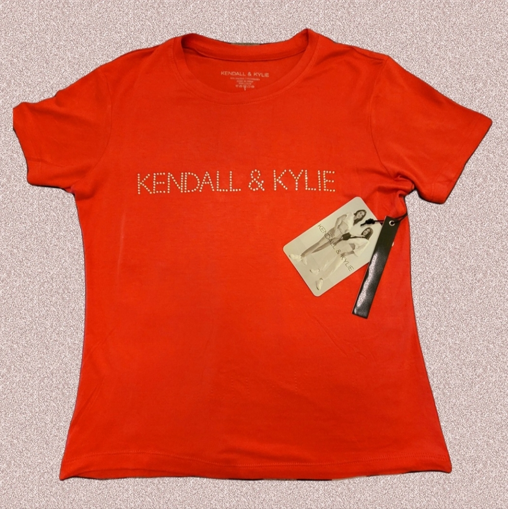 Kendall & Kylie |🍒Cherry Red Babydoll Rinestone Beaded Tee Women's Size S/M NWT